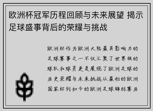 欧洲杯冠军历程回顾与未来展望 揭示足球盛事背后的荣耀与挑战