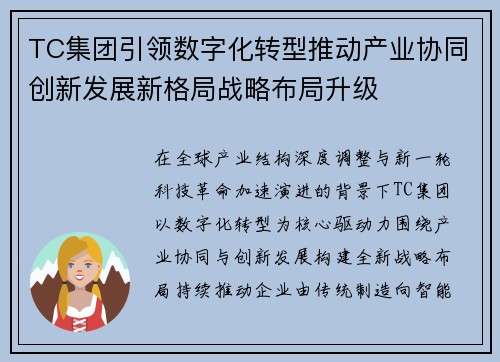 TC集团引领数字化转型推动产业协同创新发展新格局战略布局升级 TC集团引领数字化转型推动产业协同创新发展新格局战略布局升级