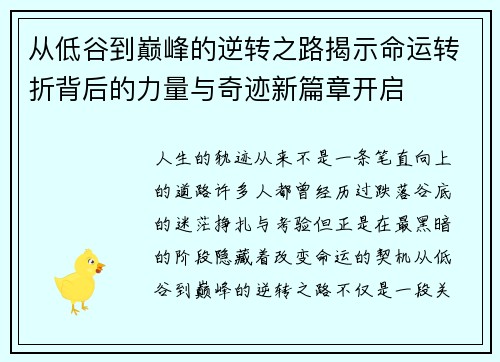 从低谷到巅峰的逆转之路揭示命运转折背后的力量与奇迹新篇章开启