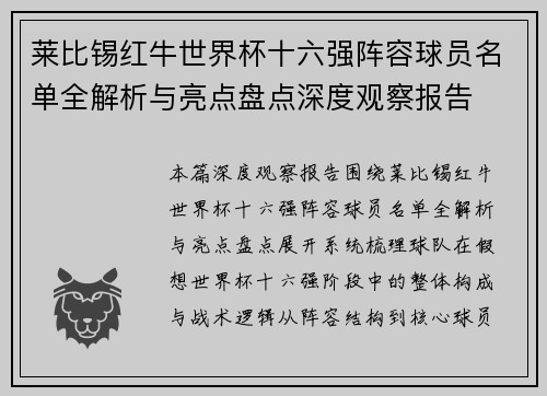 莱比锡红牛世界杯十六强阵容球员名单全解析与亮点盘点深度观察报告
