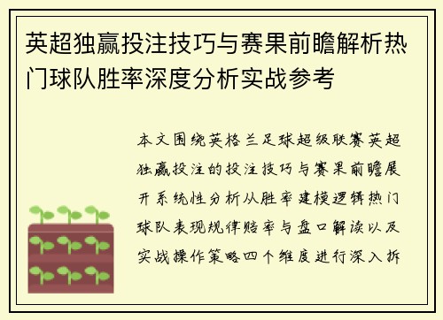 英超独赢投注技巧与赛果前瞻解析热门球队胜率深度分析实战参考